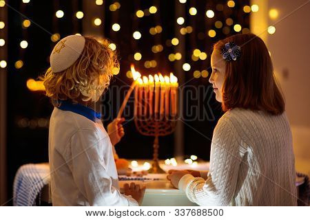 Kids Celebrating Hanukkah. Festival Of Lights.