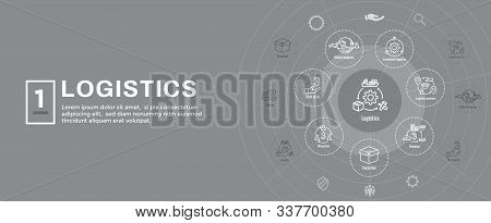 Logistics Icon Set And Web Header Banner W Buildings, Trucking, People And Shipping Box
