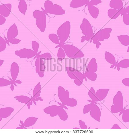 Butterfly Silhouette Seamless Pattern. Butterflies Flying Isolated On Pink Background. Abstract Girl