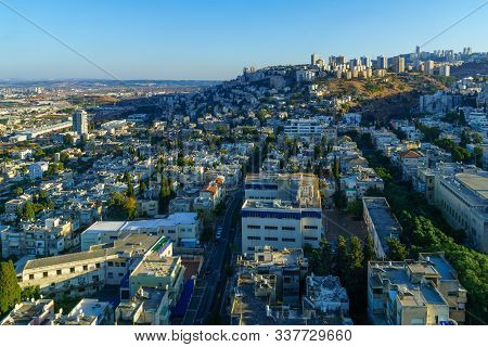 Haifa, Israel - November 30, 2019: View Of The Hadar Hacarmel Neighborhood, And The Carmel Mountain,