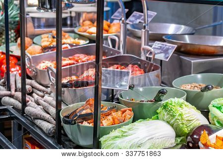 Verious Fastfood In A Caffe. Stall With Fresh Food.