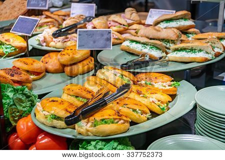 Verious Fastfood In A Caffe. Stall With Fresh Food.