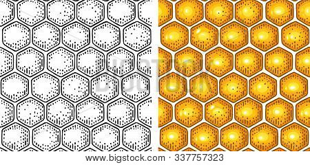 Honey Seamless Pattern With Honeycomb. Vector Engraving