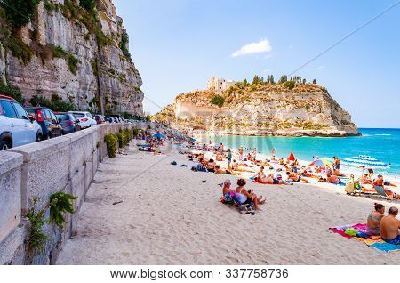 Rotonda Beach, Tropea, Calabria, Italy - September 07, 2019: Landscape View On Famous Rotonda Beach 