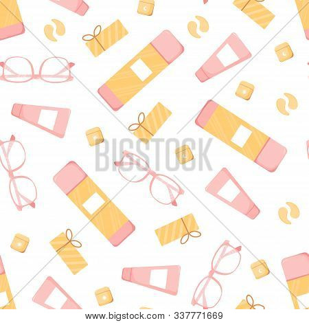 Seamless Pattern With Cute Skin Care Elements Cosmetics And Glasses. Commercial Beauty Product Templ