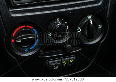 Novosibirsk, Russia - October 23, 2019:  Lada Granta, Vehicle Interior With Visible Climate Controls