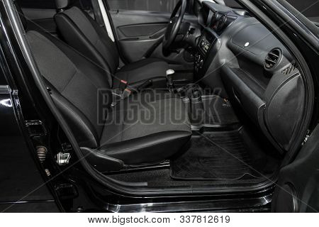 Novosibirsk, Russia - October 23, 2019:  Lada Granta, Car Interior - Steering Wheel, Shift Lever, Mu