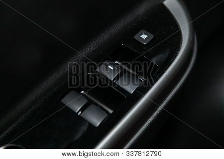 Novosibirsk, Russia - October 09, 2019:  Mitsubishi L200, Close Up Of A Door Control Panel In A New 