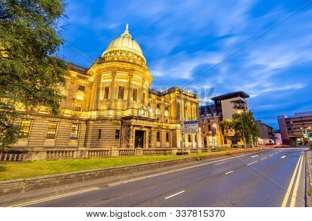 Sunset dusk at Glasgow Mitchell Library public library in Glasgow Scotland UK