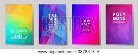 Facet Polygonal Vibrant Brochure Covers Vector Graphic Design Set. Crystal Texture Low Poly Patterns