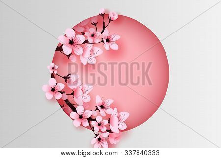 Illustration Of Paper Art And Craft Circle Decorated Spring Season Cherry Blossom Concept,springtime