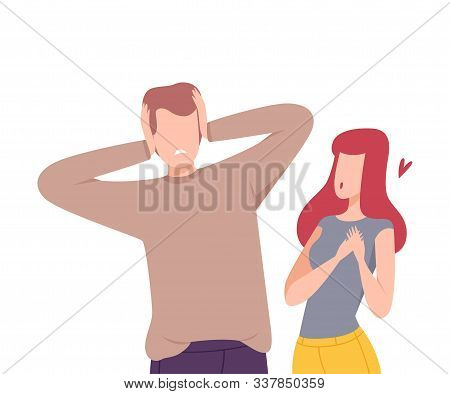 Annoying Woman Trying To Present Her Heart To Man Refusing To Take It, Male And Female Characters Ex