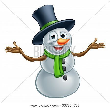 A Happy Christmas Snowman Cartoon Character In A Top Hat