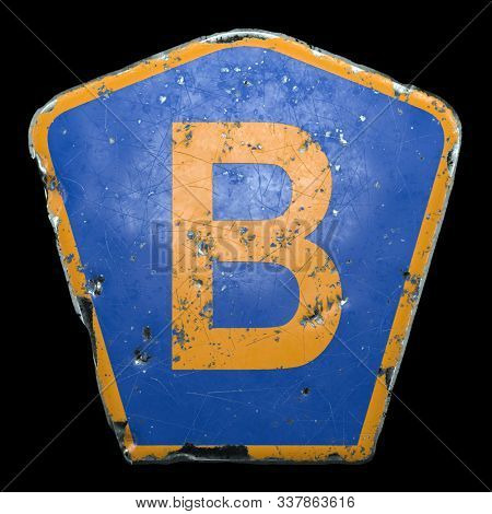 Public road sign in blue and orange color with a capitol letter B in the center isolated black background. 3d rendering