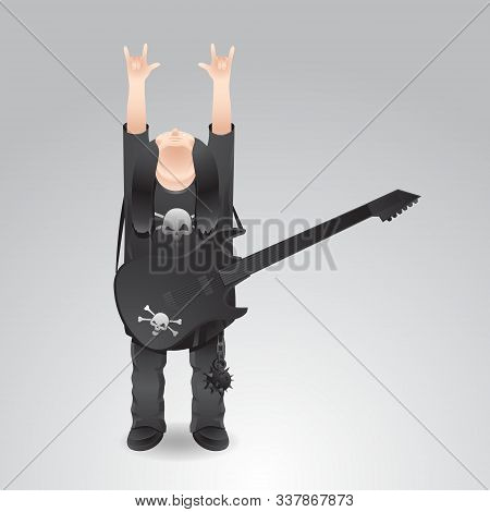 Rock Musician With Guitar Showing Horns Gesture On An Isolated Background. Vector Image. Eps 10