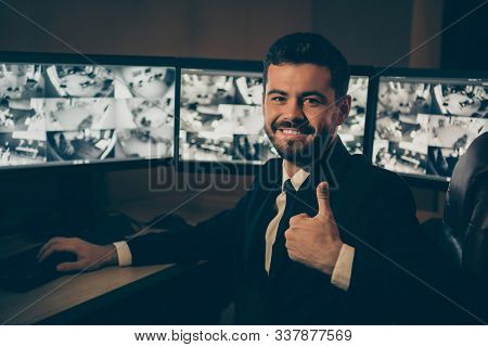 Portrait Of His He Nice Attractive Cheerful Stylish Imposing Man Specialist Supervising Alarm Panel 