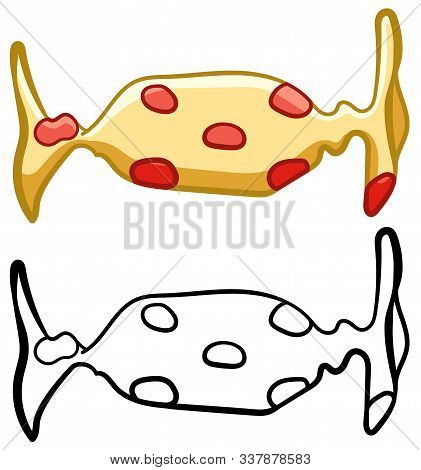 Candy In Yellow Wrapper With Red Dots In Colored And Line Versions On White Background