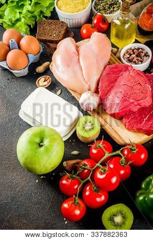 Healthy Diet Food. Various Low Fodmap Ingredients Selection - Meat, Vegetables, Berry, Fruit, Grains
