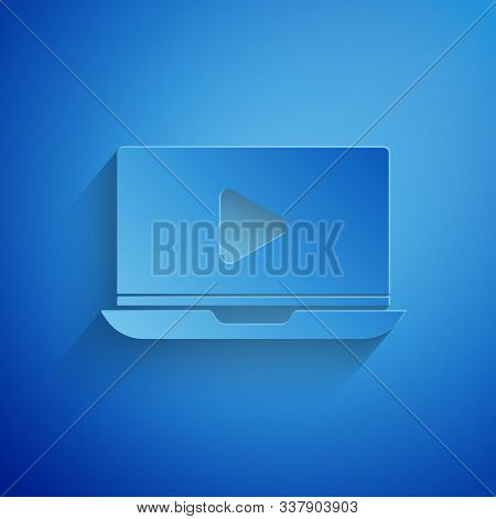 Paper Cut Online Play Video Icon Isolated On Blue Background. Laptop And Film Strip With Play Sign. 