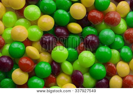 Background Made Of Colorful Dragee. A Lot Of Round Candies.