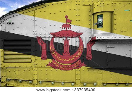 Brunei Darussalam Flag Depicted On Side Part Of Military Armored Tank Closeup. Army Forces Conceptua