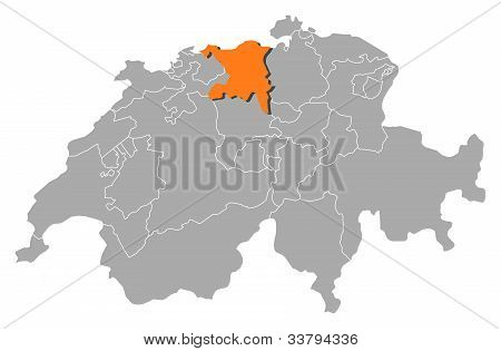 Mapa Švýcarska, Aargau zvýrazněny