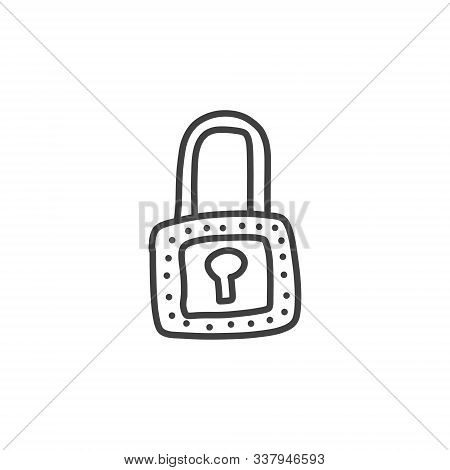Bright Banner, Castle Big, Sketch Hand Drawn Art. Old Invention Metal Secret, Center Keyhole, Riveti