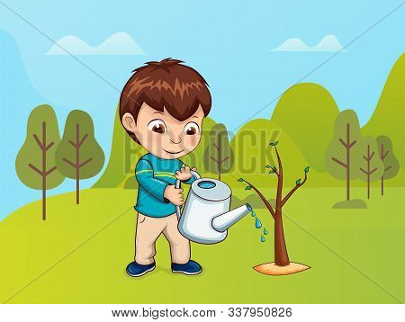 Male Boy In Forest Vector, Child Caring For Growing Plants. Kiddo Holding Watering Can In Park, New 