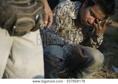 Siem Reap, Cambodia - January 22, 2011: Motorbike Driver After An Accident In A Dirt Road Of Siemp R