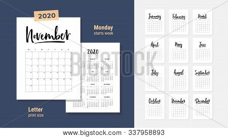2020 New Year Calendar In Clean Minimal Table Simple Style. Hand Drawn Lettering, Black And White Mi