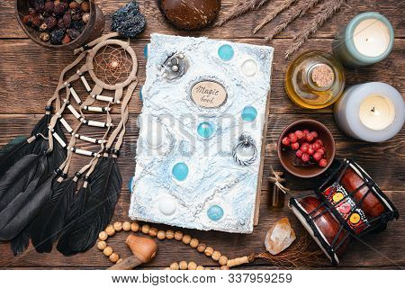 Witch Doctor Or Shaman Table Flat Lay Background. Magic Book On The Witch Desk.
