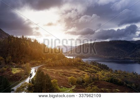Beautiful Aerial Drone Landscape Image Of Glorious Autumn Fall Sun Over Thirlmere In Lake District