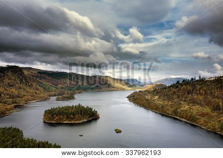 Beautiful Aerial Drone Landscape Image Of Glorious Autumn Fall Sun Over Thirlmere In Lake District
