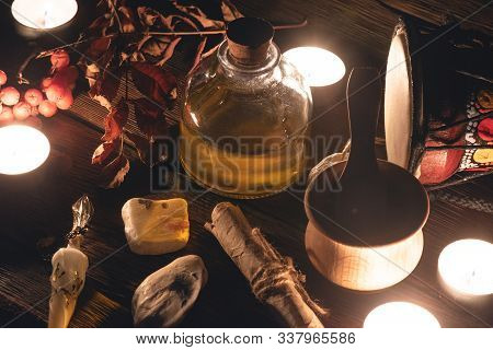 Witchcraft Table. Witch Doctor. Shamanic Accessories On The Table.