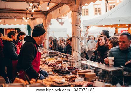 Tübingen, Germany - December 6, 2019: Chocolate Market Chocolart With Christmas Booths And Stalls Wi