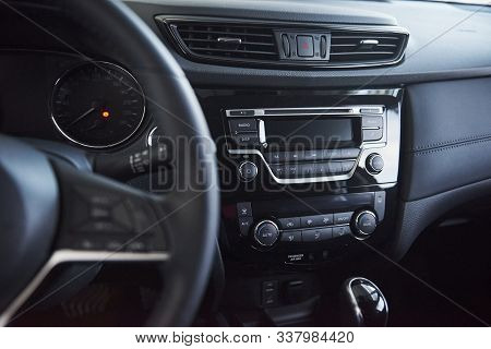 Panel With Digital Elements. Front Part Of The New Expensive Modern Car That Captured Inside.