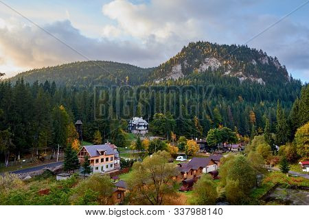 Mountain Village Laku Rosu In The Carpathian Mountains, Romania. Autumn Mountain Landscape.