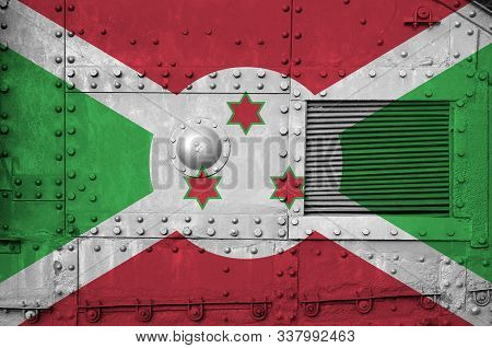 Burundi Flag Depicted On Side Part Of Military Armored Tank Closeup. Army Forces Conceptual Backgrou