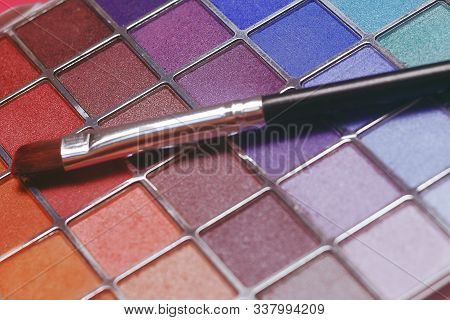 Set Of Eye Shadows . Make Up Products . Makeup Brushes And Colorful, Bright Palette Of Shadows. Sale