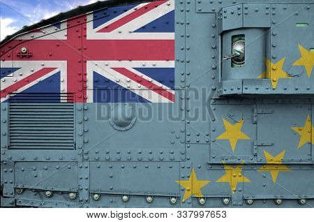 Tuvalu Flag Depicted On Side Part Of Military Armored Tank Closeup. Army Forces Conceptual Backgroun