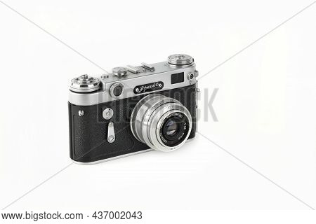 Moscow, Russia, Oktober 22, 2021. Old Soviet Rangefinder Camera Zorki 6 Produced From 1959 On White