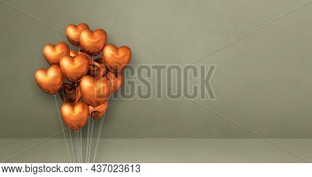 Copper Heart Shape Balloons Bunch On A Grey Wall Background. Horizontal Banner. 3d Illustration Rend