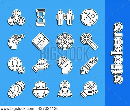 Set Line Piece Of Puzzle In Hand, Rocket Ship With Fire, Magnifying Glass Gear, Project Team Base, H