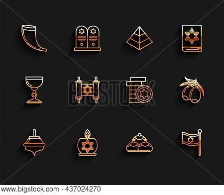 Set Line Hanukkah Dreidel, Burning Candle In Candlestick With Star Of David, Traditional Ram Horn, S