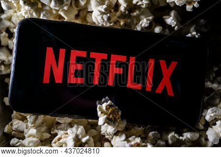 Uzhhorod, Ukraine. October 19, 2021 A Man Watches Movies On Netflix. Internet Service. On Smartphone