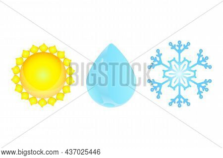 Set Of Weather Symbol Isolated On White Background. Sun, Raindrop And Snowflake Icon For Forecast De