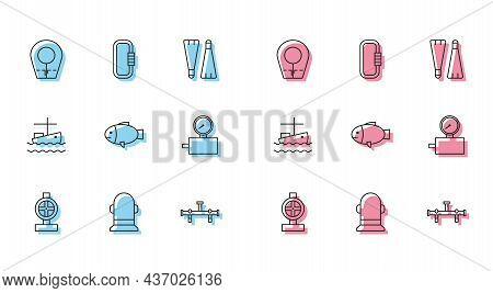 Set Line Industry Metallic Pipes And Valve, Buoy, Diving Hood, Manifold, Fish, Gauge Scale, Fishing 