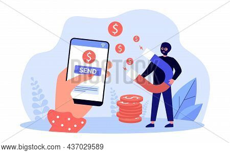 Hand Sending Money To Scammer Via Mobile Phone. Criminal Swindler With Magnet Attracting Money Flat 