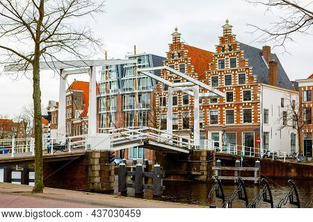 Cityscape Of Haarlem, The Netherlands. View Of Church And Typical Dutch Houses.