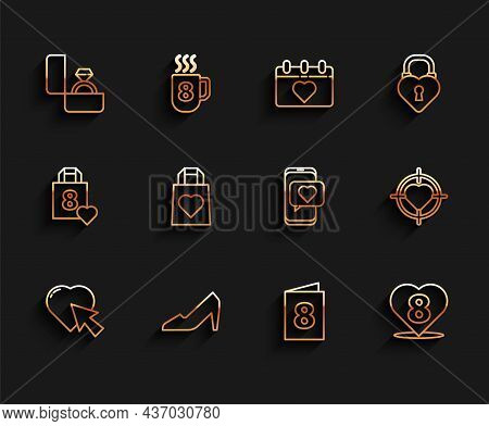 Set Line Heart And Cursor Click, Woman Shoe, Diamond Engagement Ring, Greeting Card With 8 March, Sh